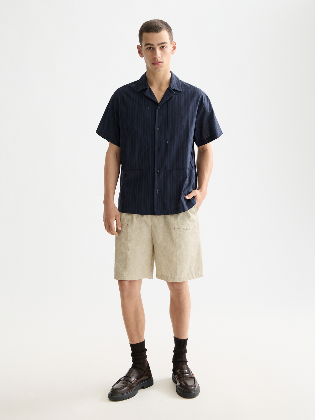Structured stripe short sleeve shirt