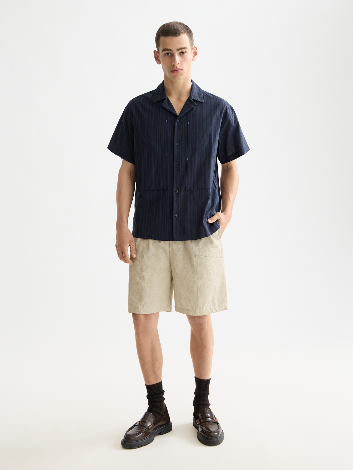 Structured stripe short sleeve shirt