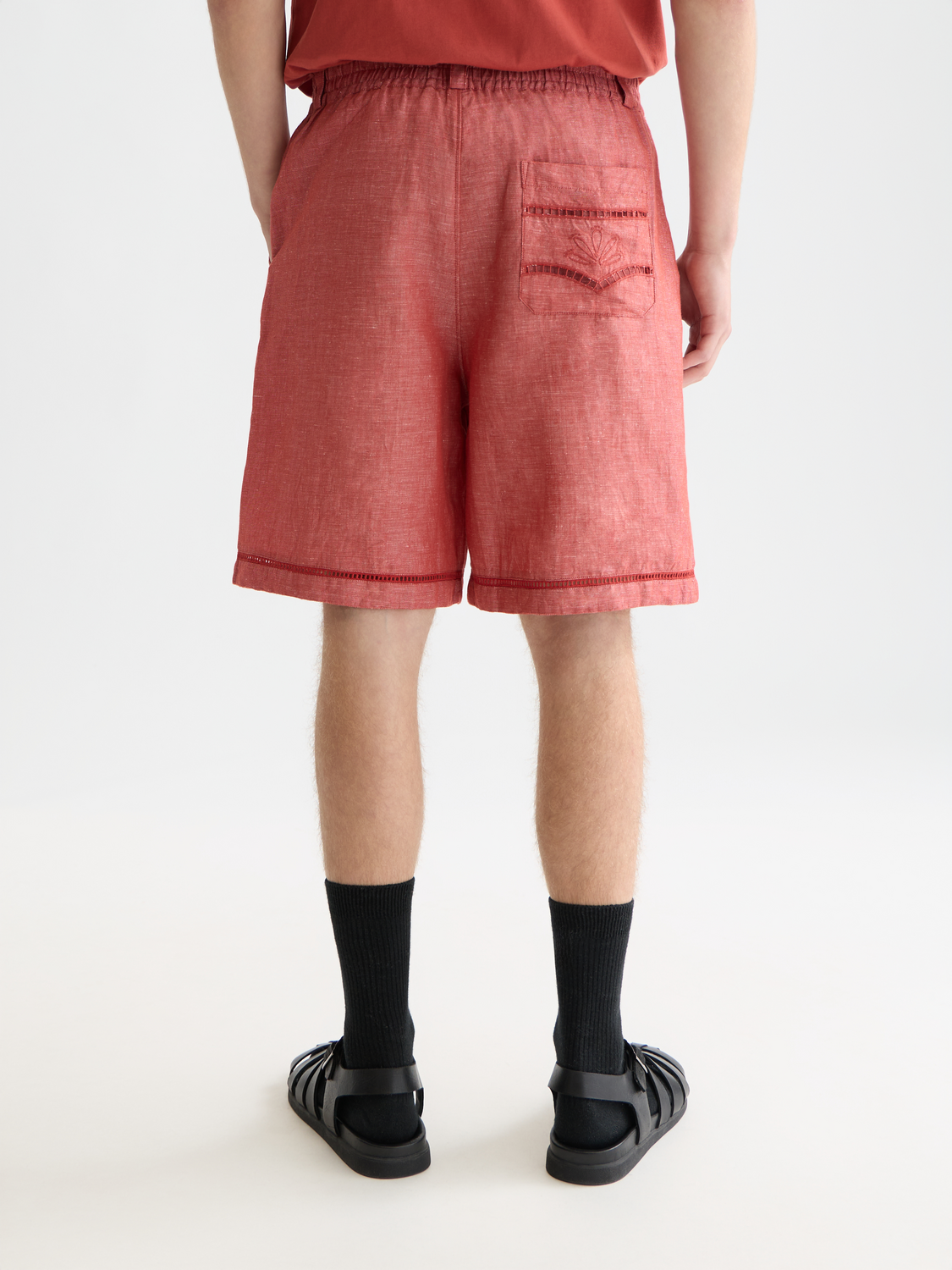 Embroidered linenblend widefit bermuda shorts