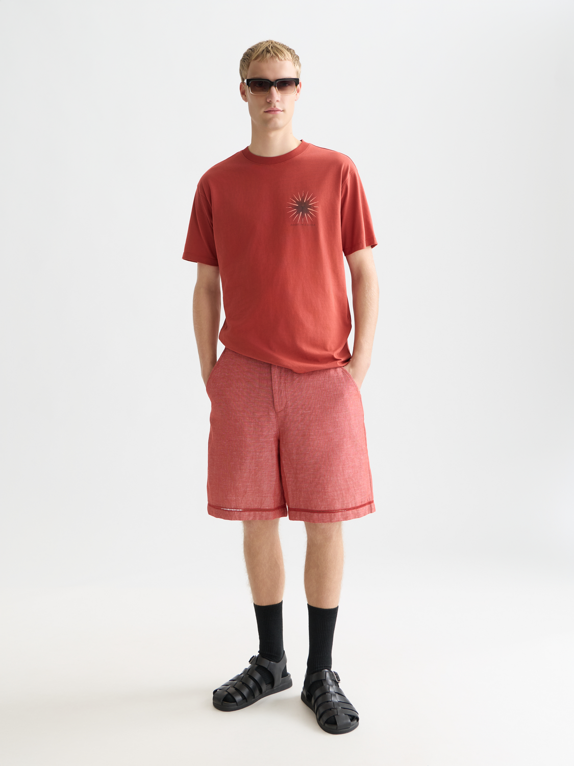 Embroidered linenblend widefit bermuda shorts