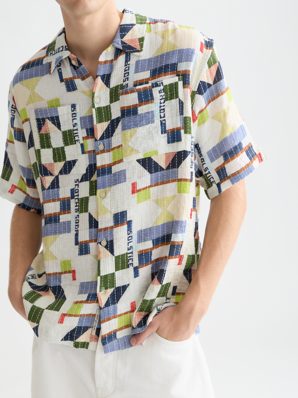 Printed stitched relaxed short sleeve shirt