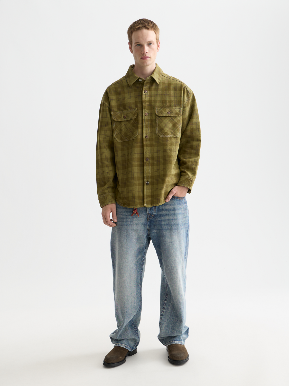 Washed denim checked overshirt