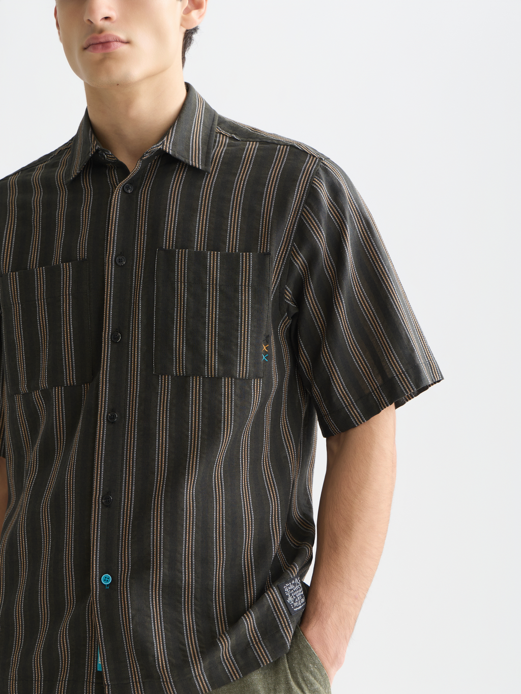 Structured stripe relaxedfit shortsleeved shirt