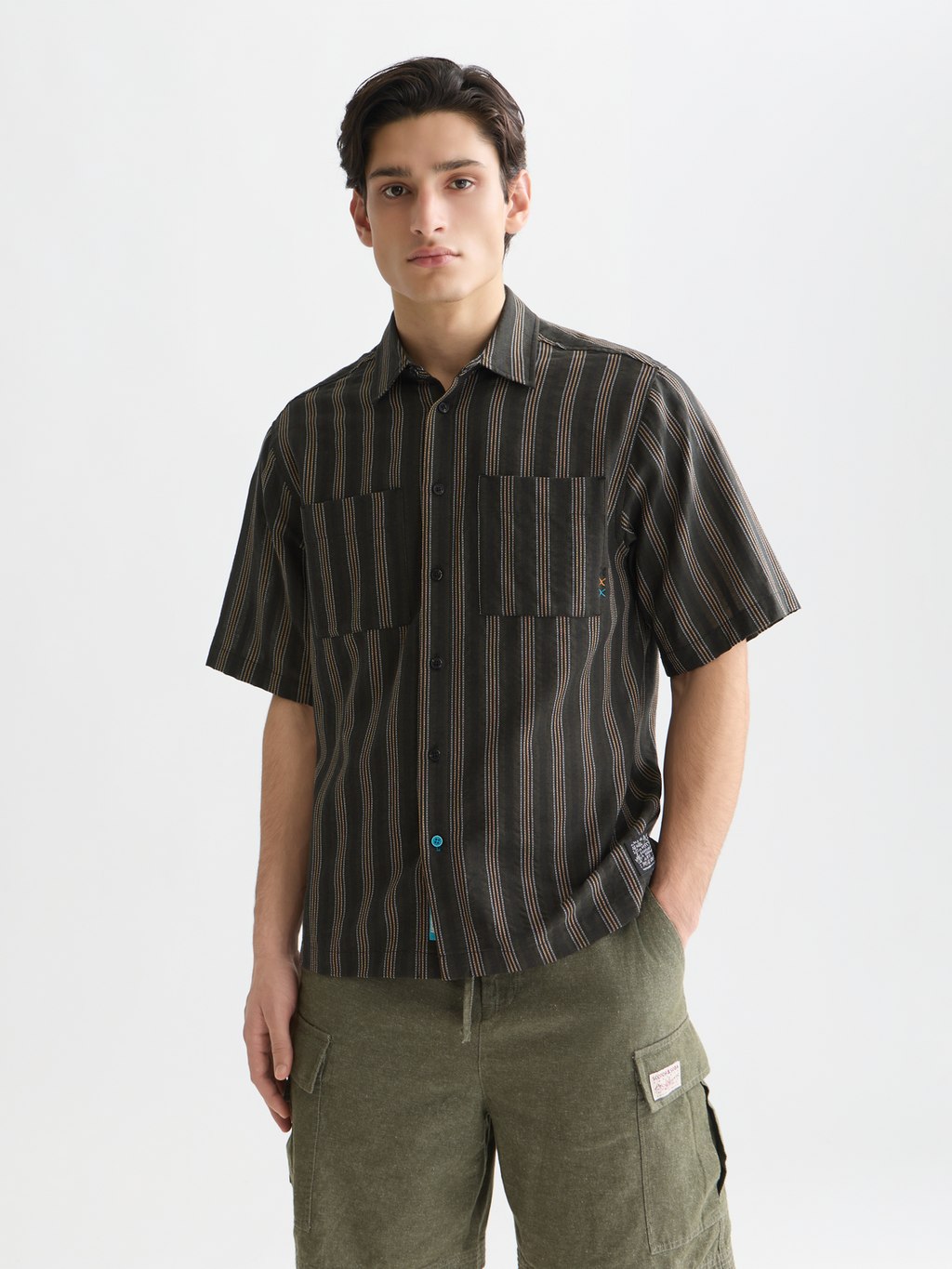 Structured stripe relaxedfit shortsleeved shirt