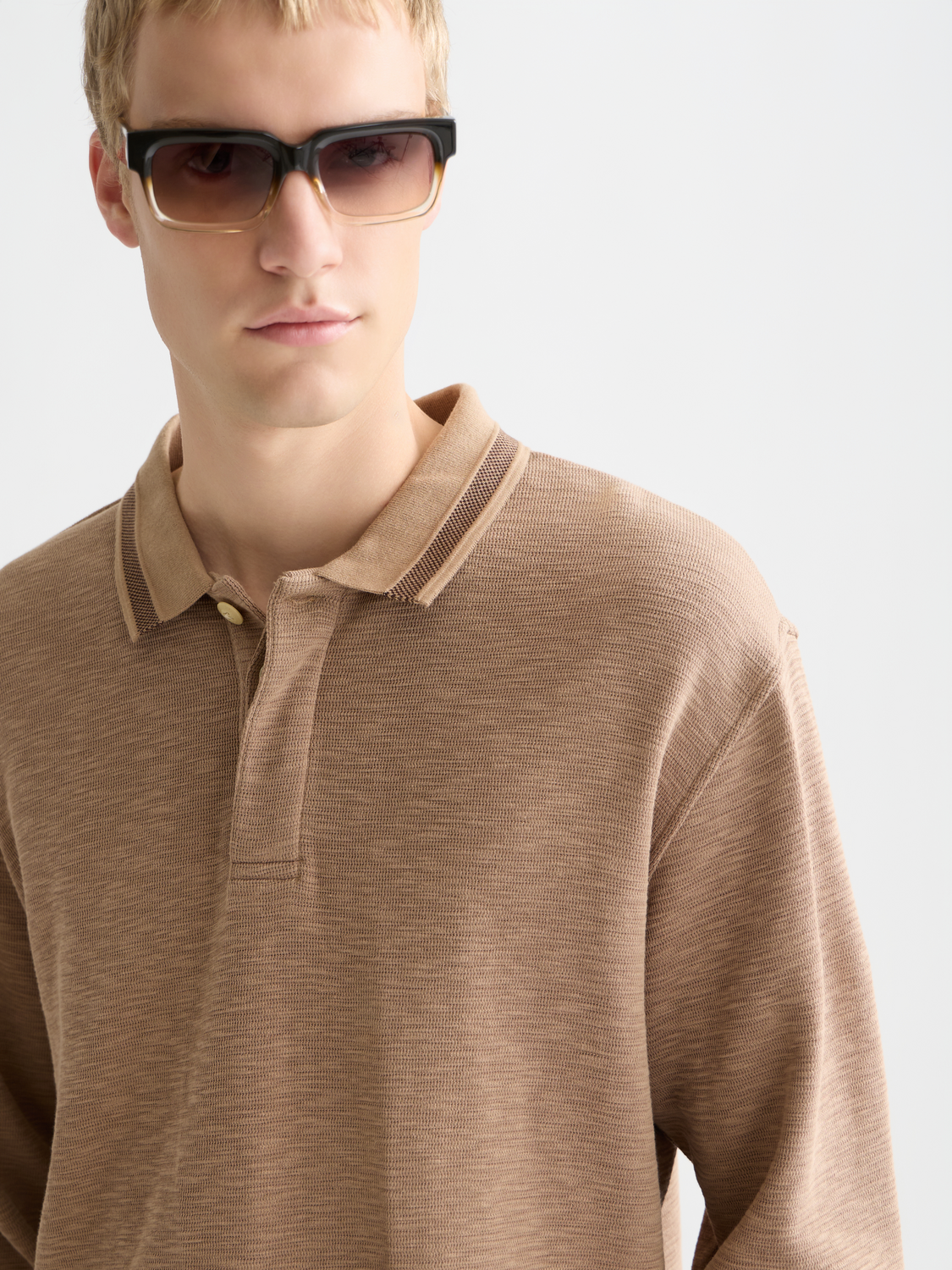 Structured relaxed long sleeve polo