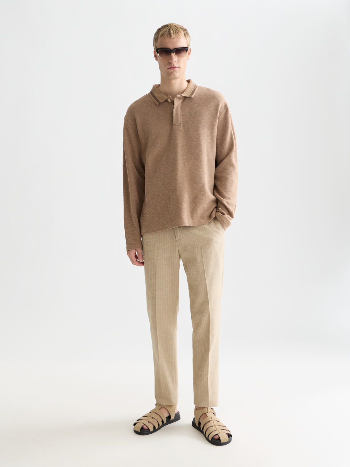Structured relaxed long sleeve polo