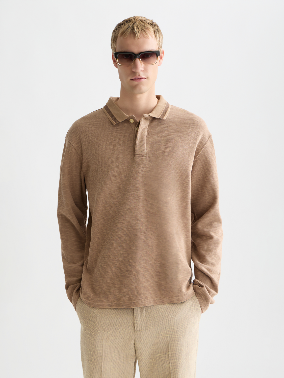 Structured relaxed long sleeve polo