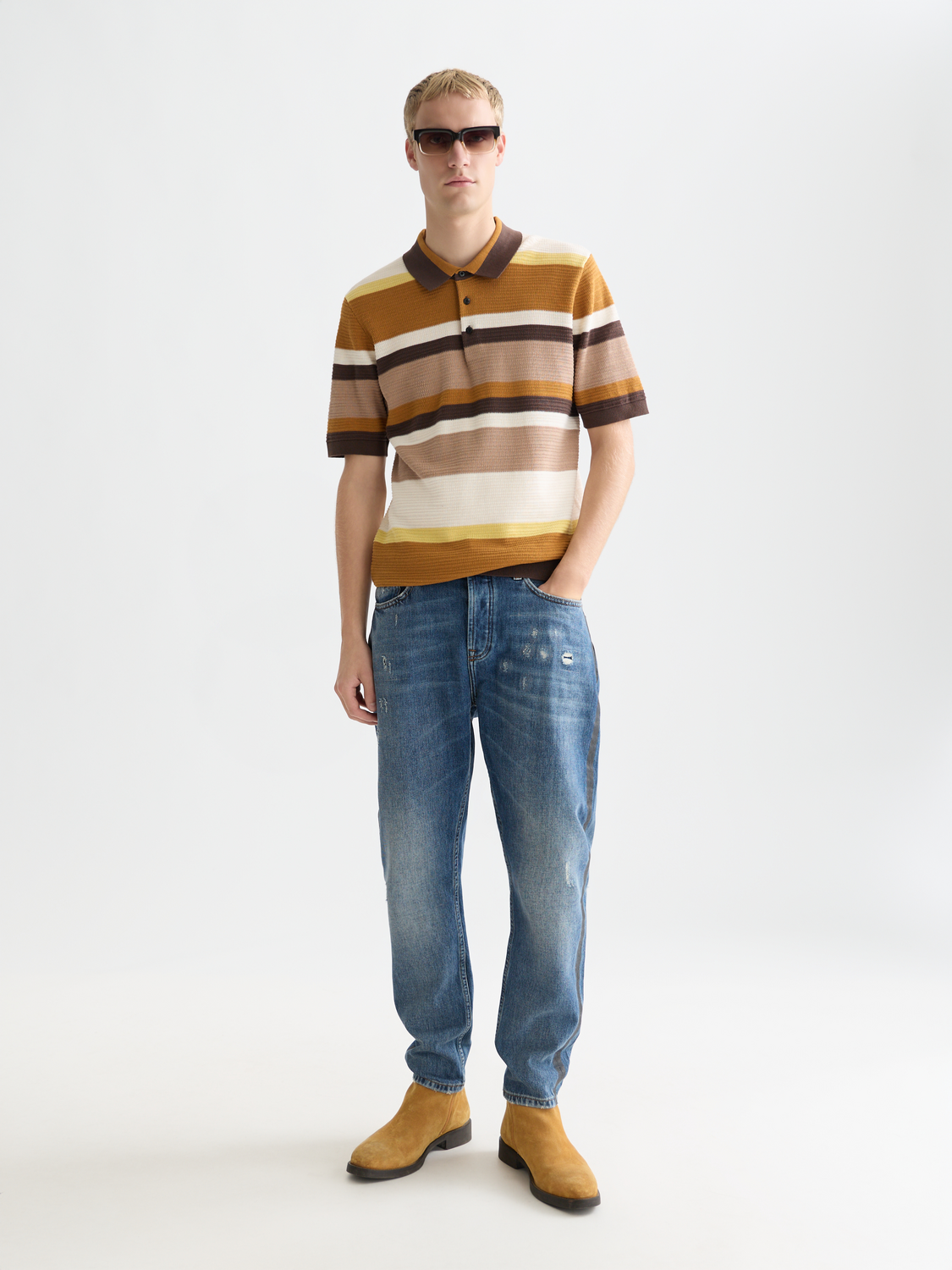 Structured striped knitted polo