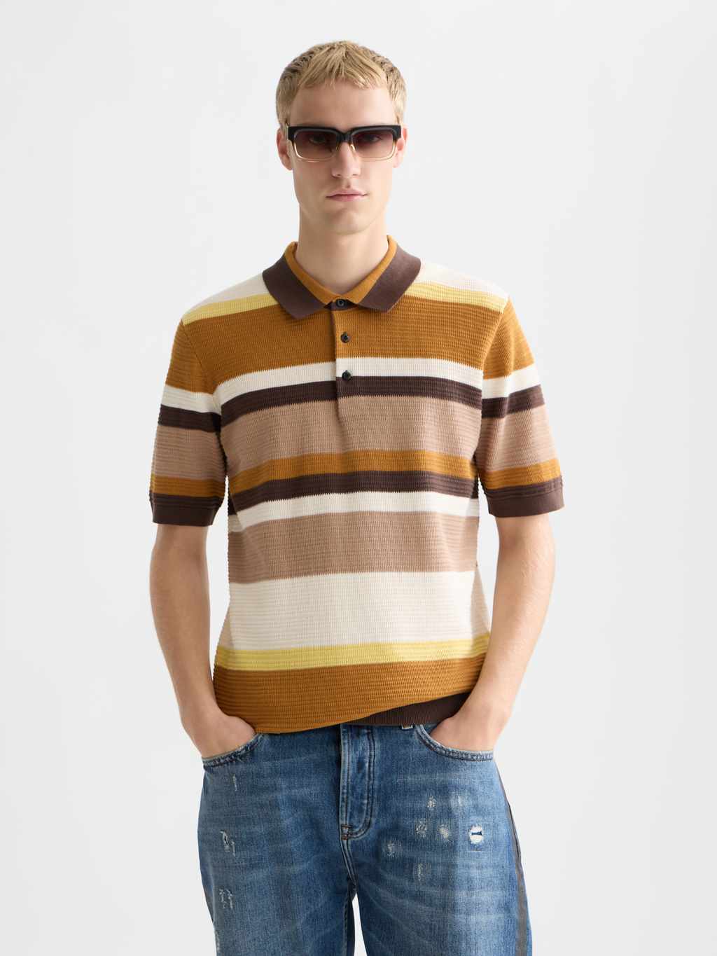 Structured striped knitted polo
