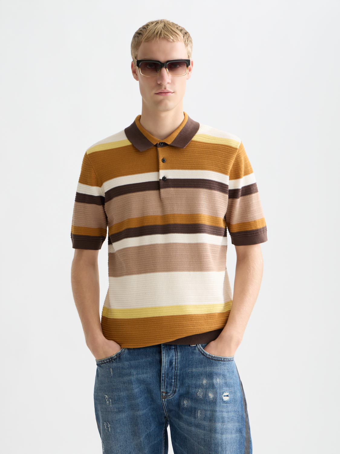 Structured striped knitted polo
