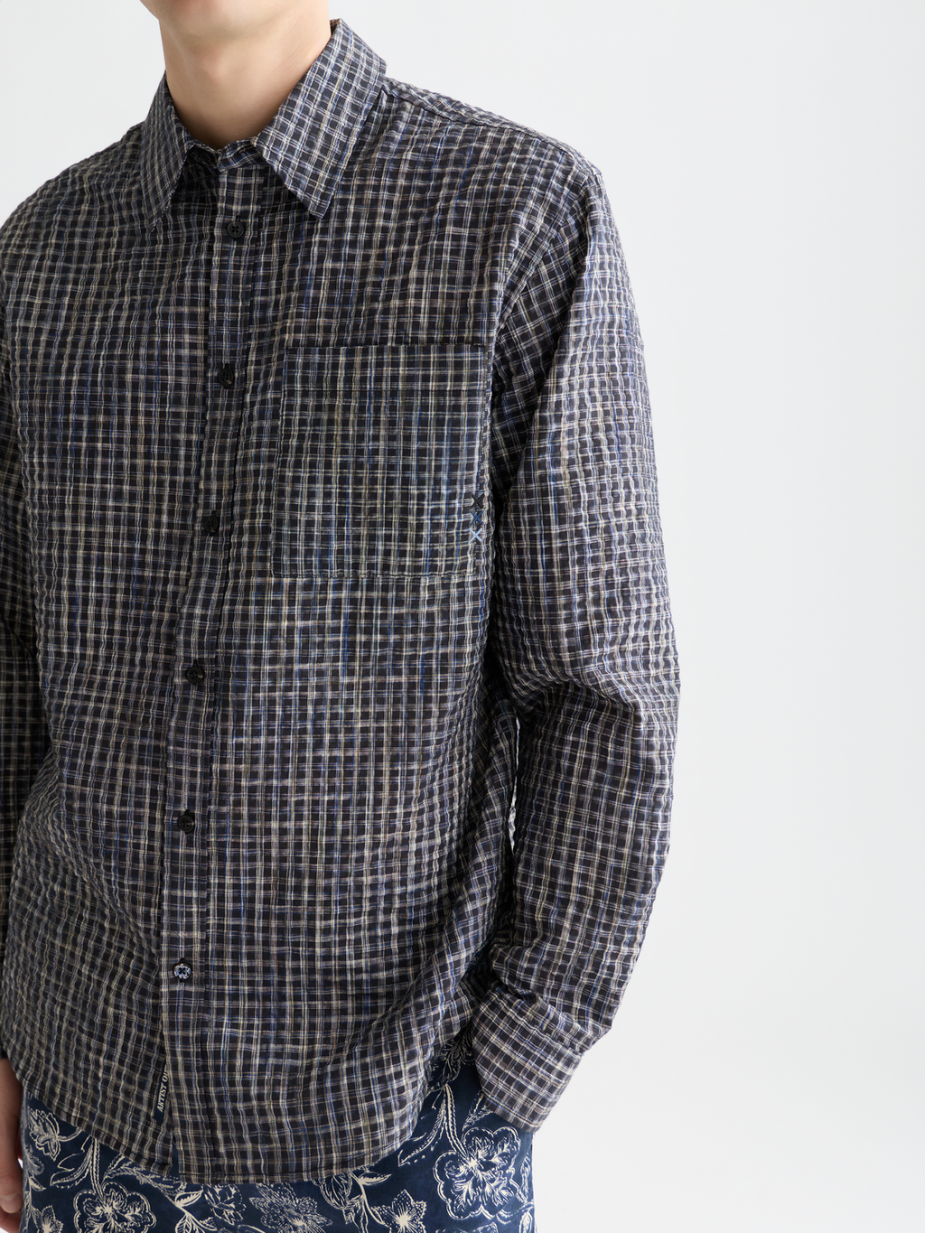 Seersucker micro check relaxed shirt