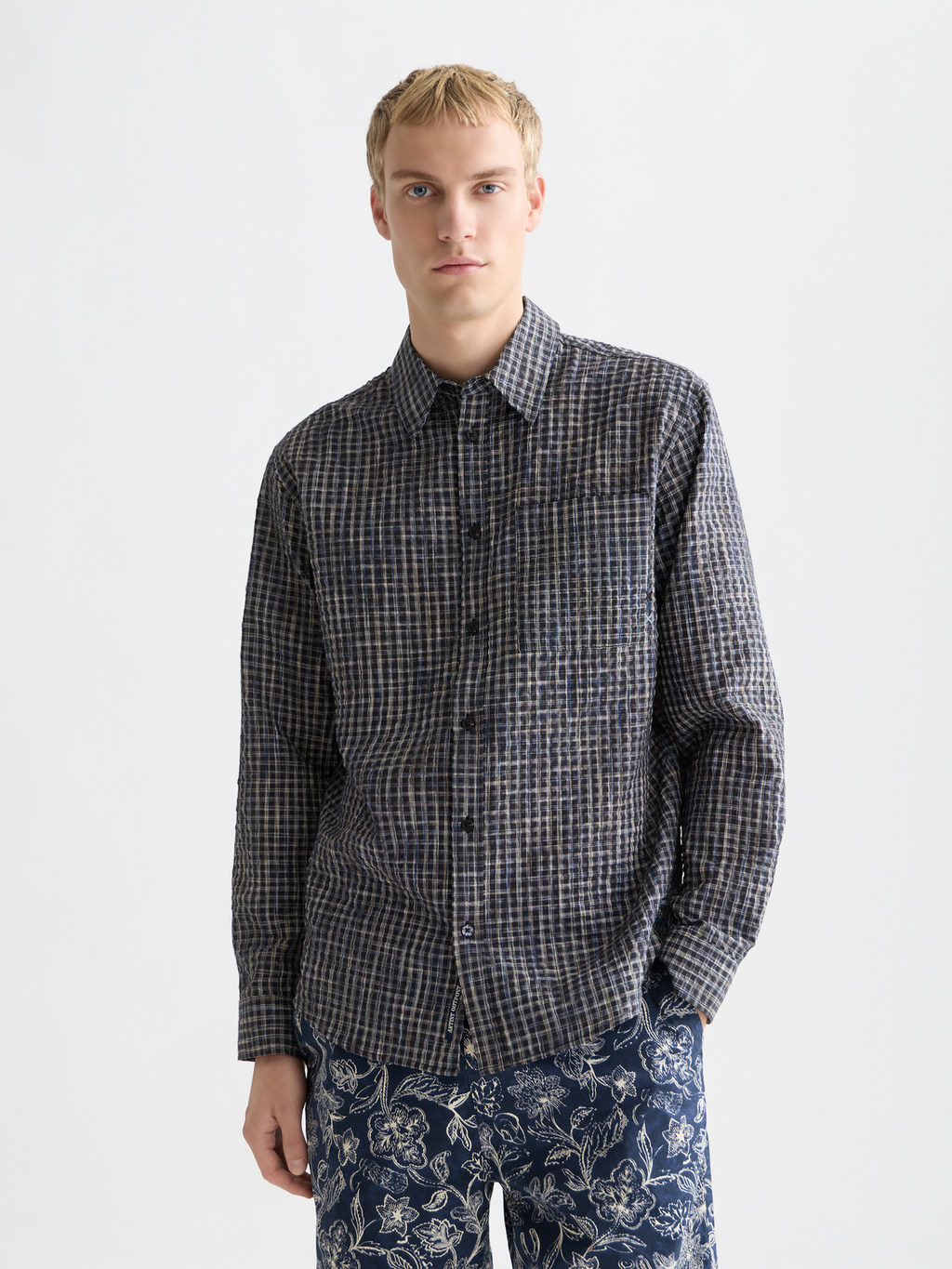 Seersucker micro check relaxed shirt