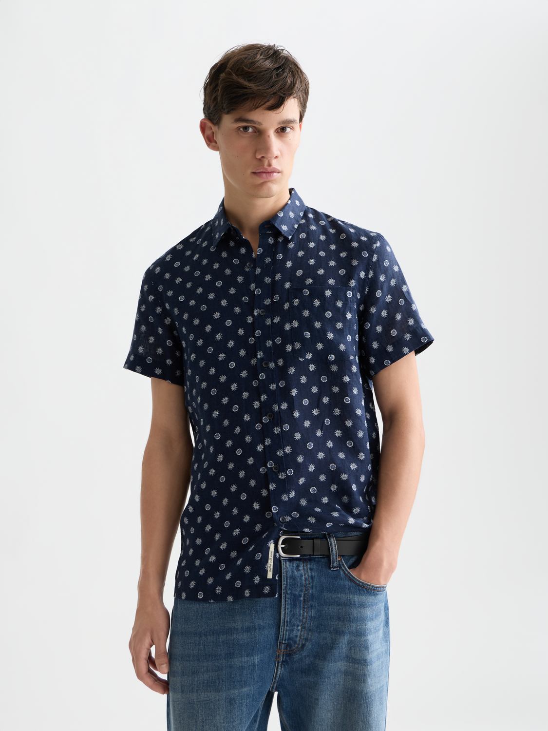 Printed linen short sleeve shirt