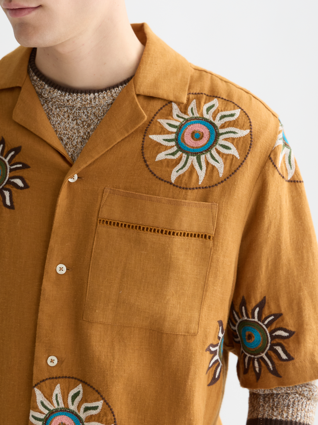 Embroidered linen relaxed short sleeve shirt