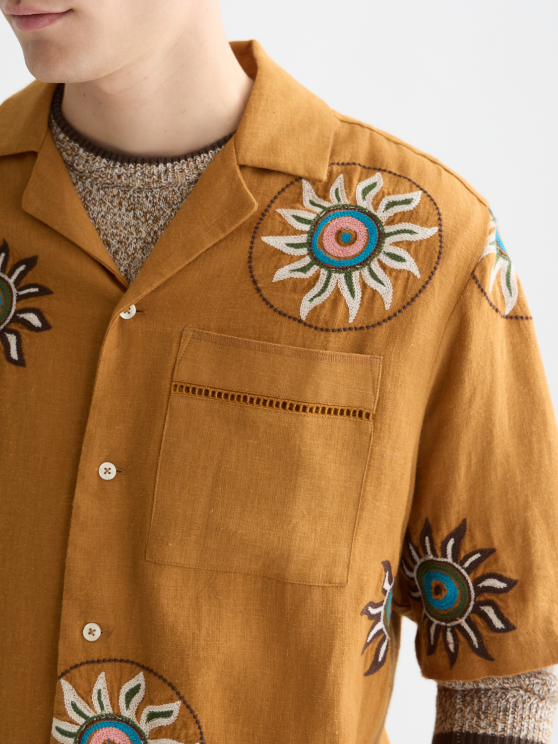 Embroidered linen relaxed short sleeve shirt