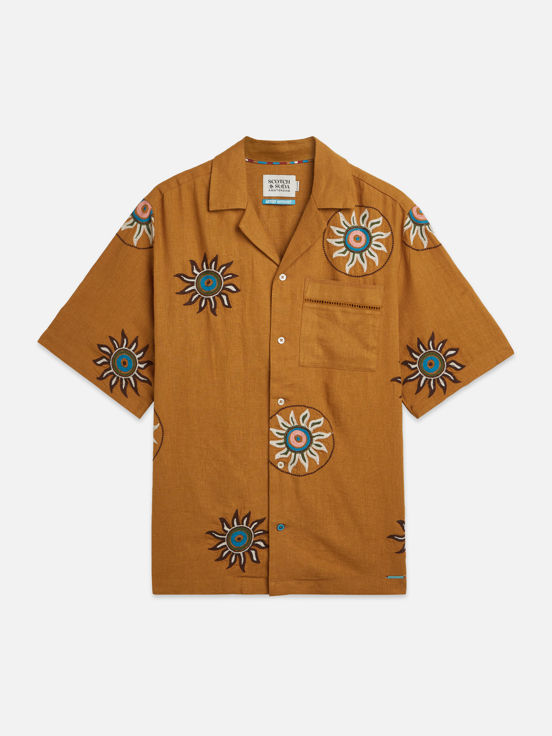 Embroidered linen relaxed short sleeve shirt