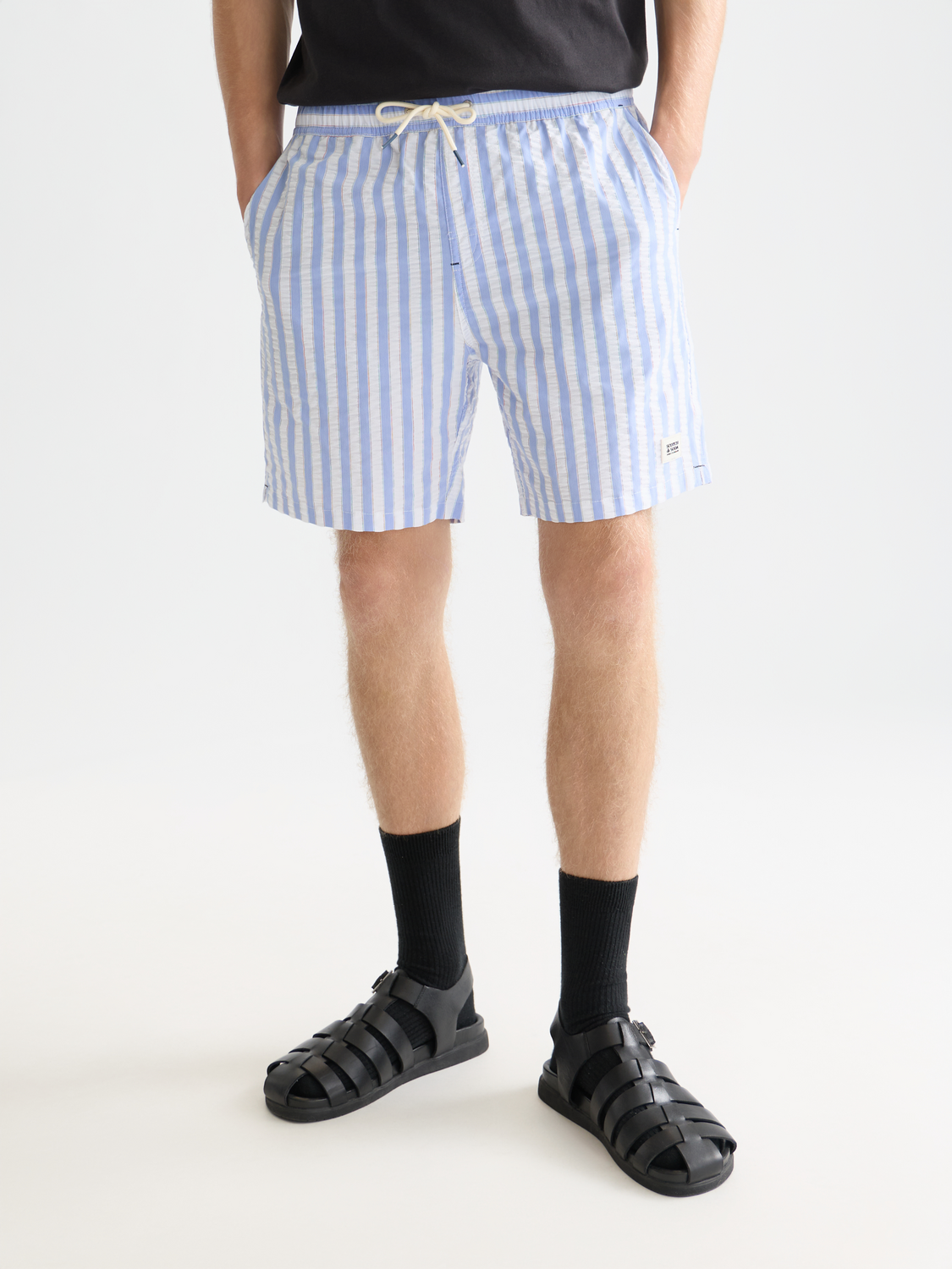 Striped midlength swim shorts