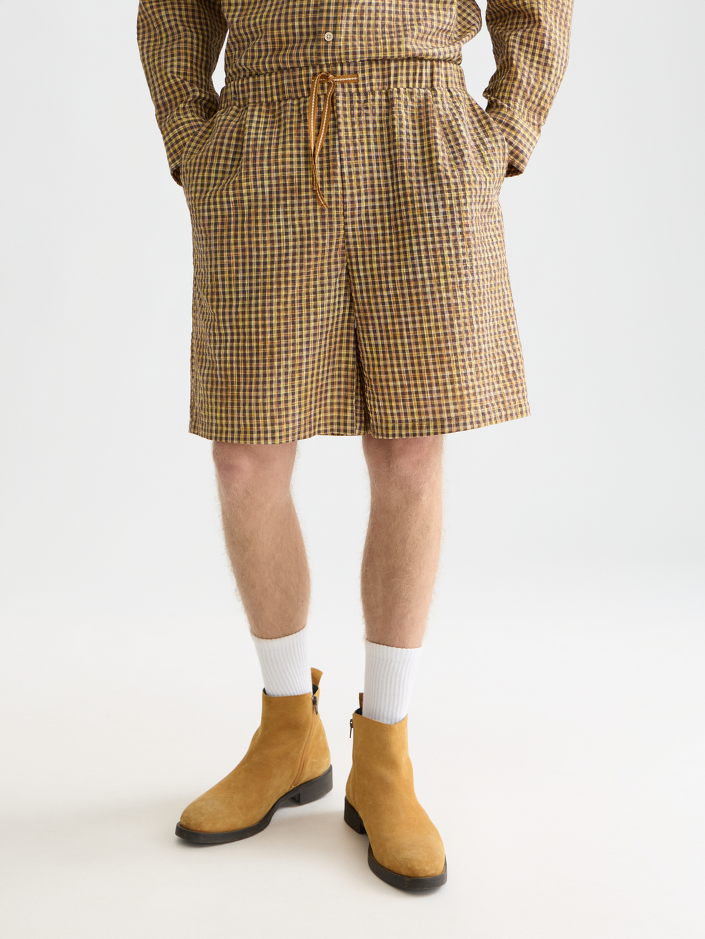 Cotton seersucker wide bermuda shorts