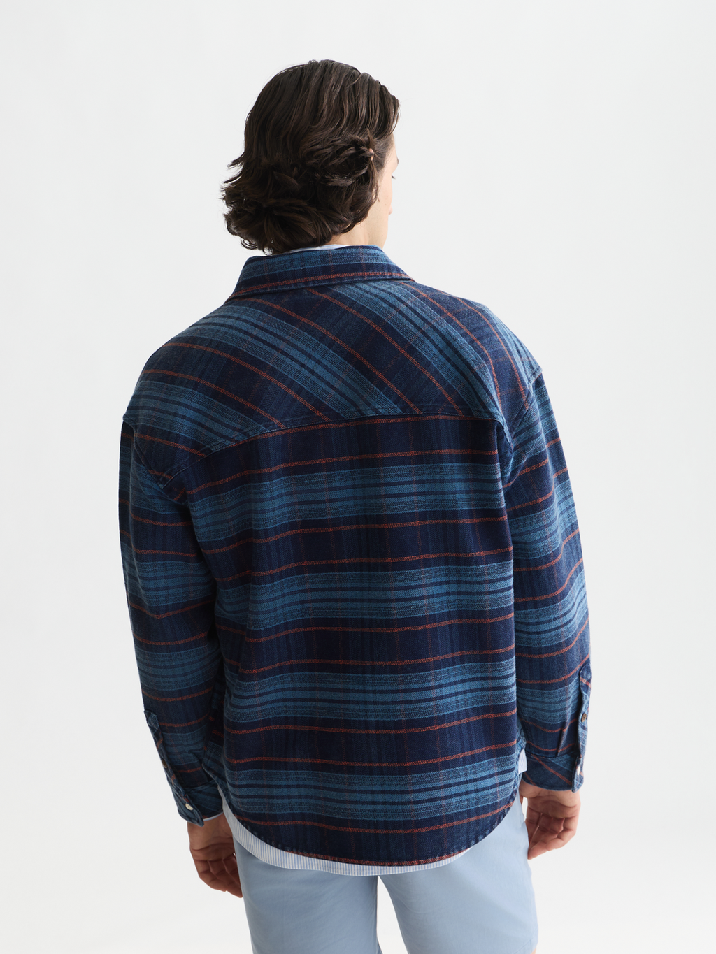 Checked denim loose washed overshirt
