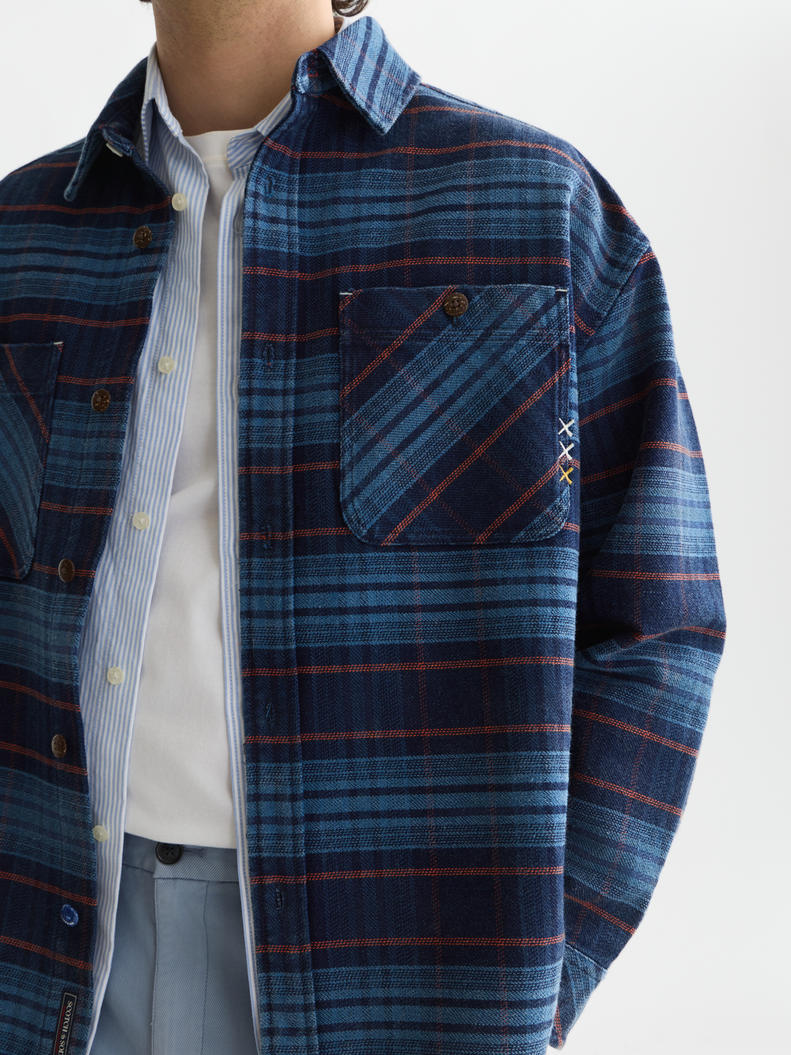 Checked denim loose washed overshirt