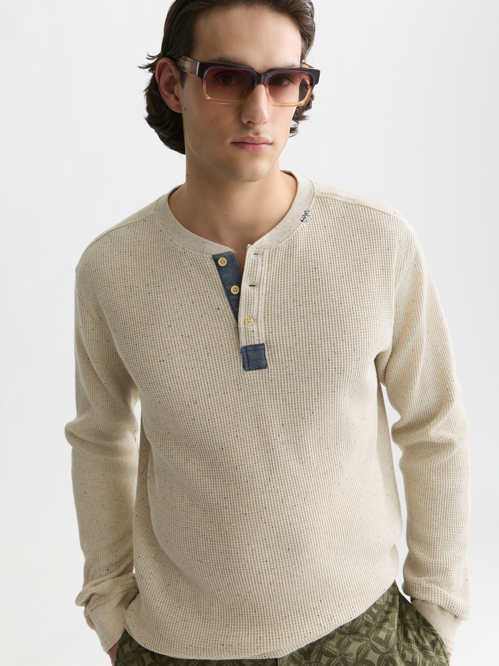 Henley melange long-sleeved T-shirt