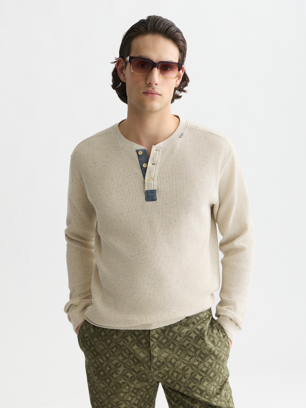 Henley melange long-sleeved T-shirt