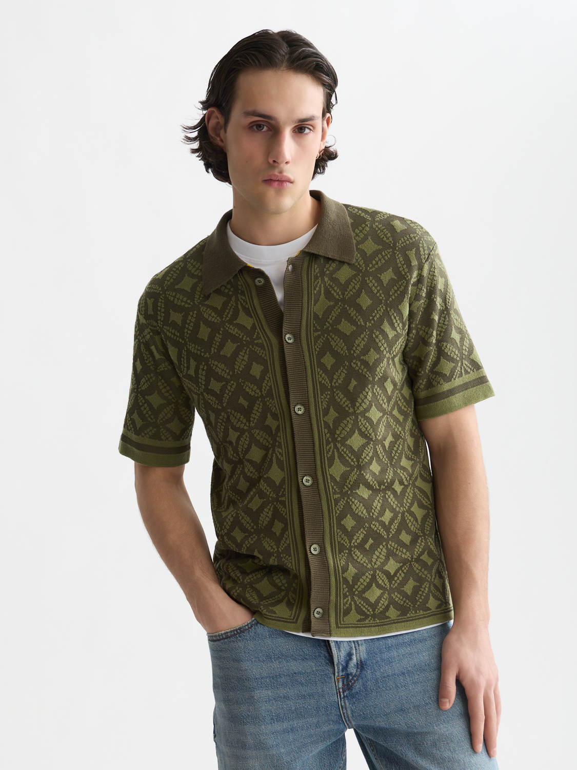 Jacquard knitted short-sleeved shirt