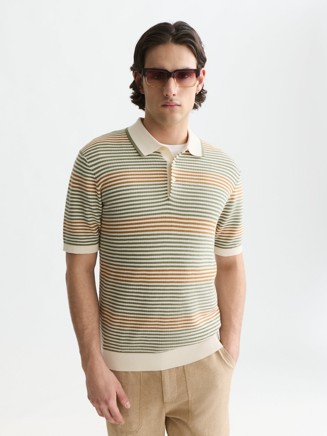 Striped structured knitted regular-fit polo
