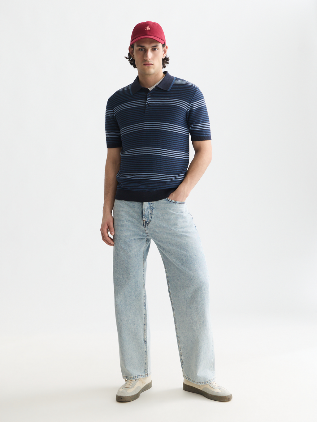 Striped structured knitted polo