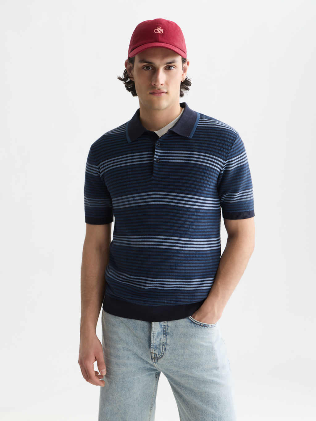Striped structured knitted polo