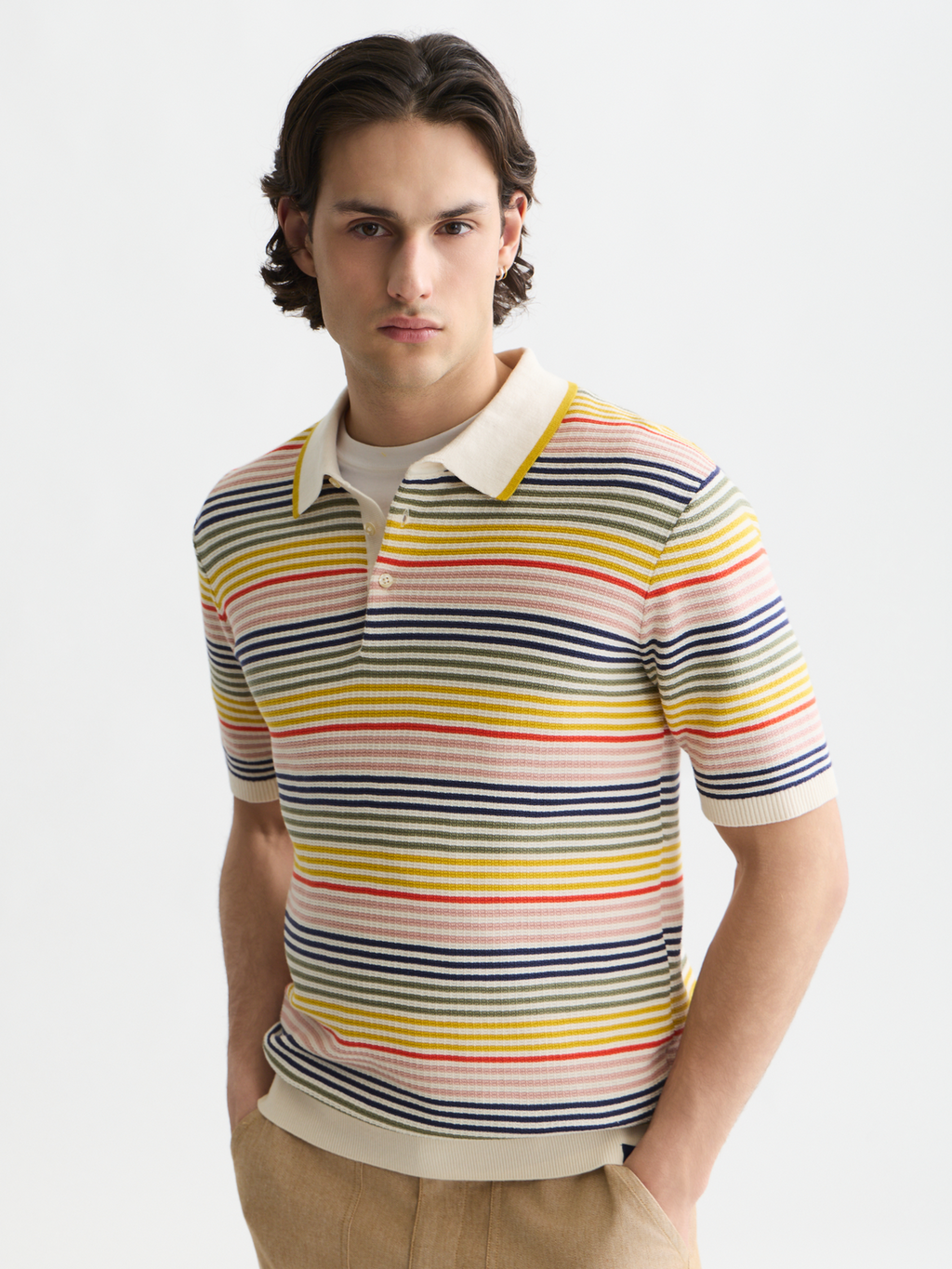Striped structured knitted polo