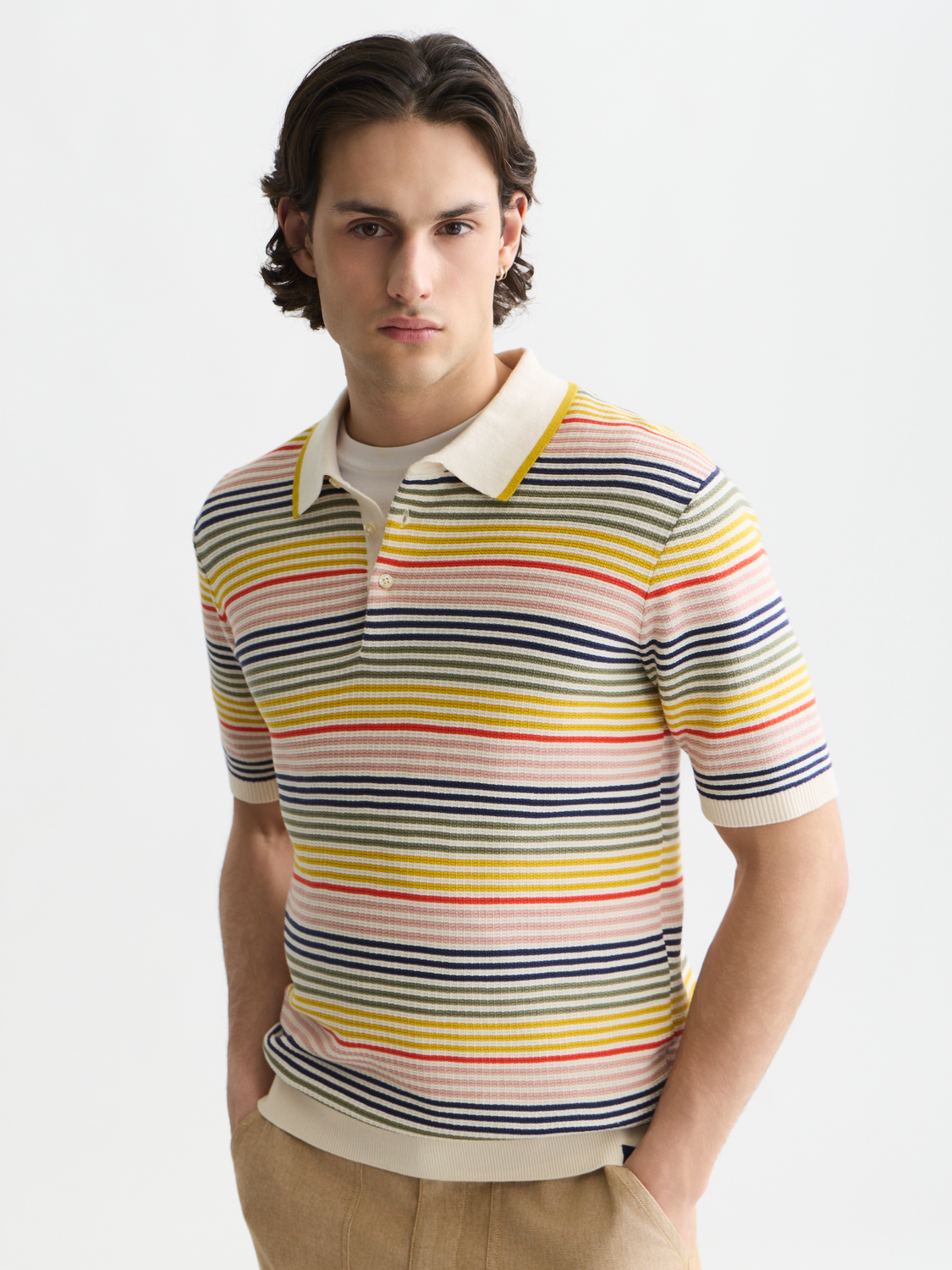 Striped structured knitted polo