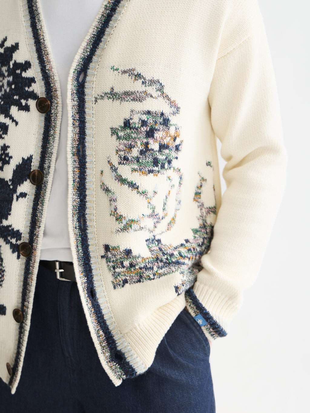 Intarsia Cotton-Blend Dropped Shoulder Cardigan
