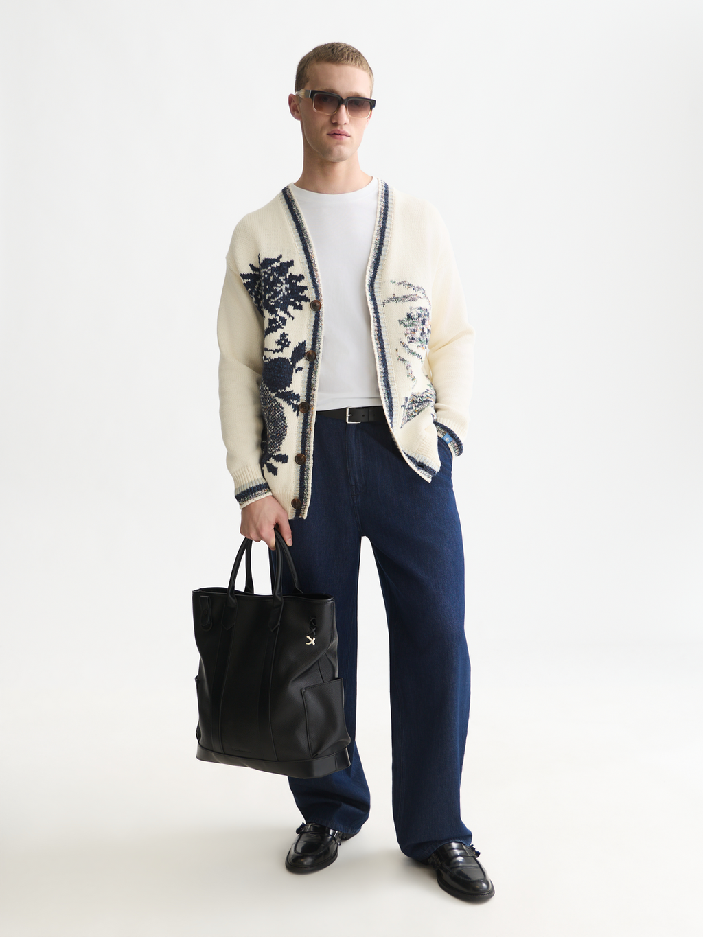 Intarsia Cotton-Blend Dropped Shoulder Cardigan