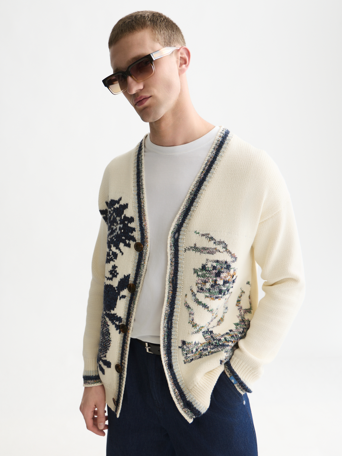 Intarsia Cotton-Blend Dropped Shoulder Cardigan