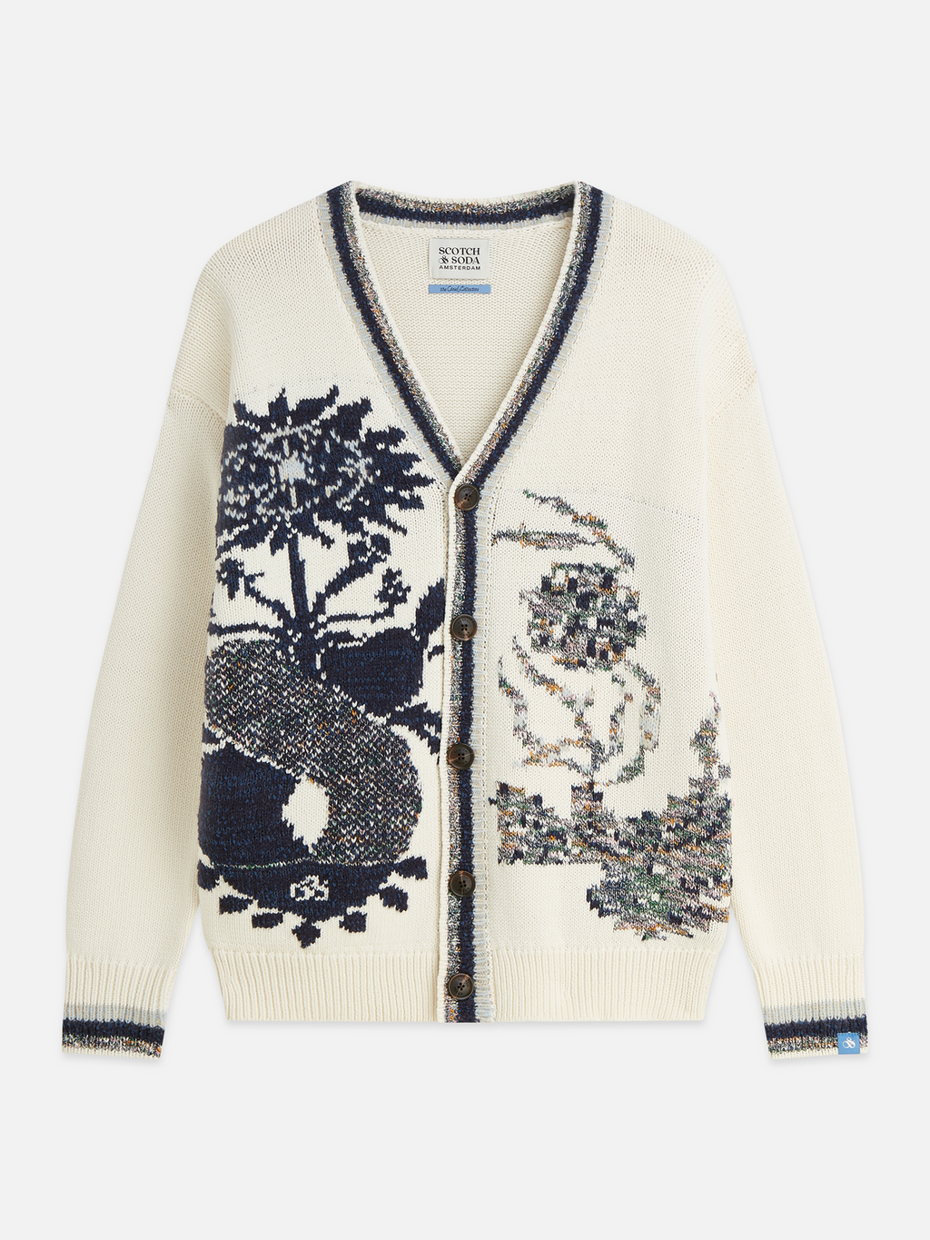 Intarsia Cotton-Blend Dropped Shoulder Cardigan