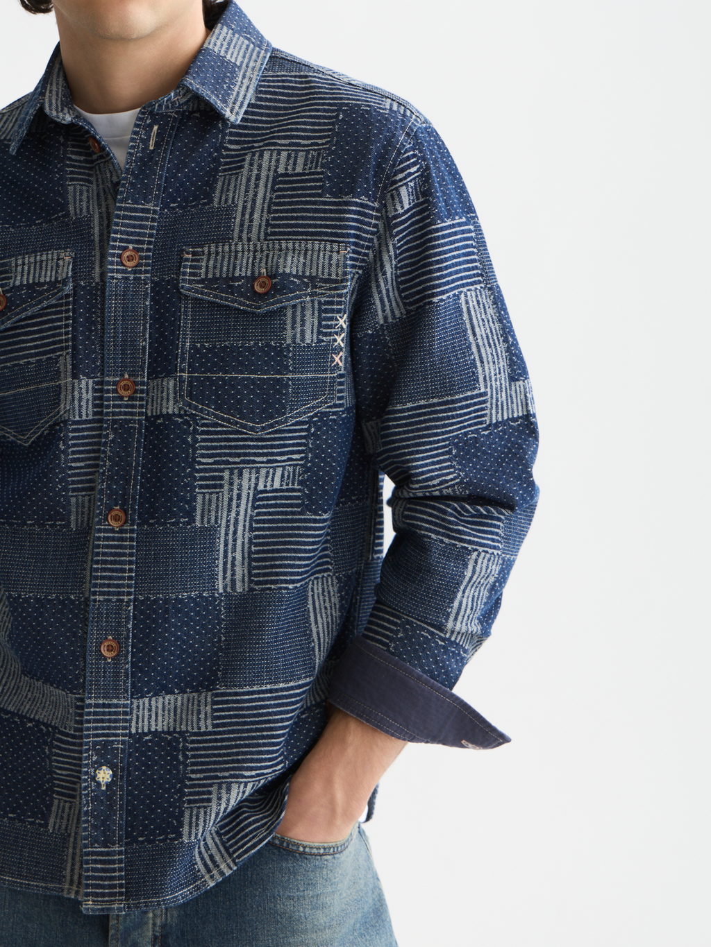 Denim patchwork relaxed overshirt