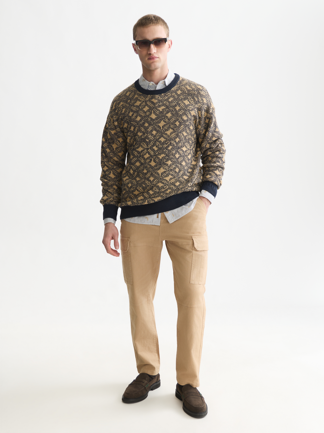 Jacquard Cotton-Wool Blend Dropped Shoulder Pullover