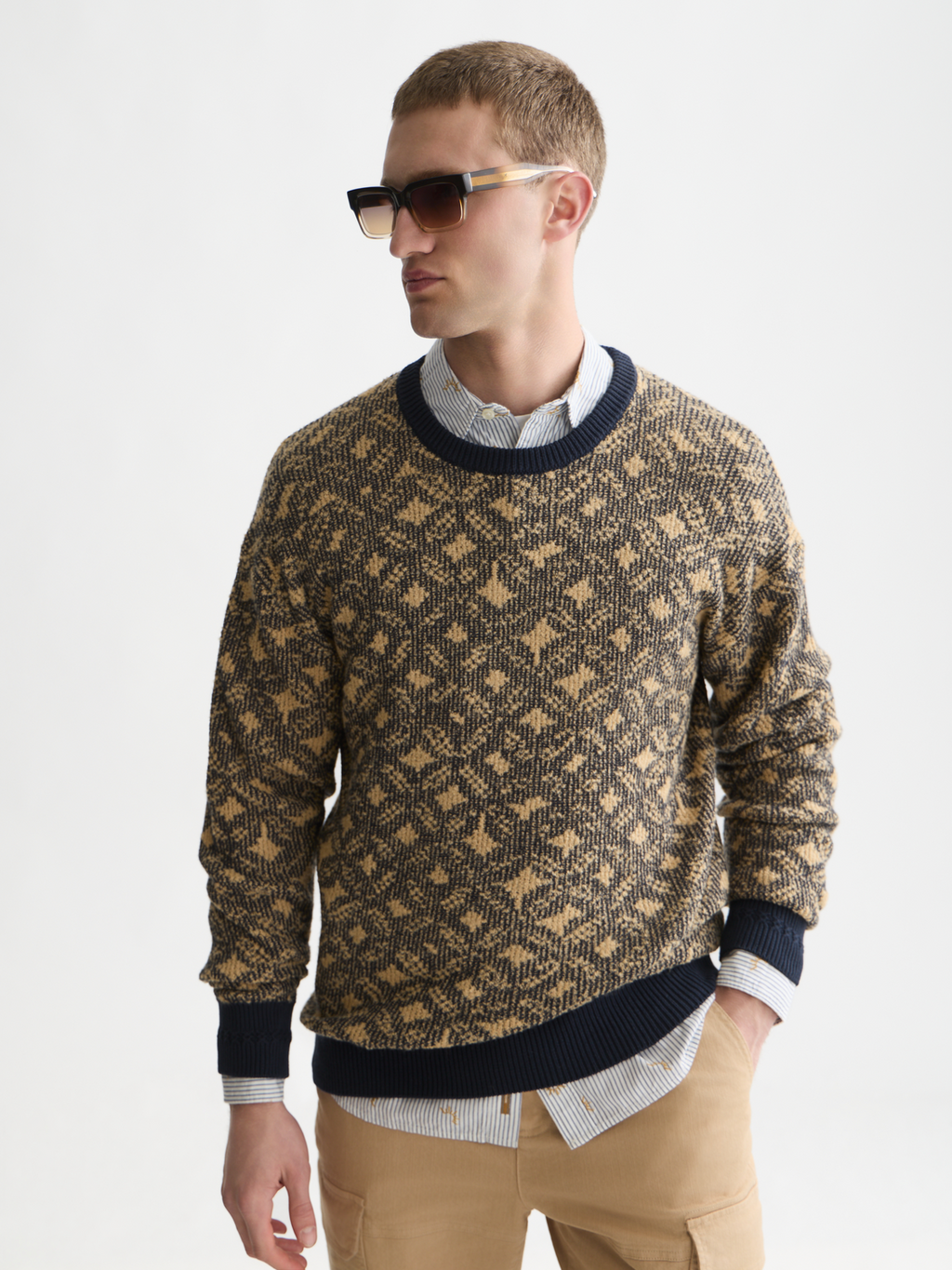 Jacquard Cotton-Wool Blend Dropped Shoulder Pullover