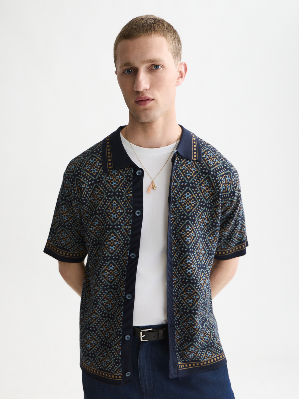 Jacquard Cotton-Blend Short-Sleeve Shirt
