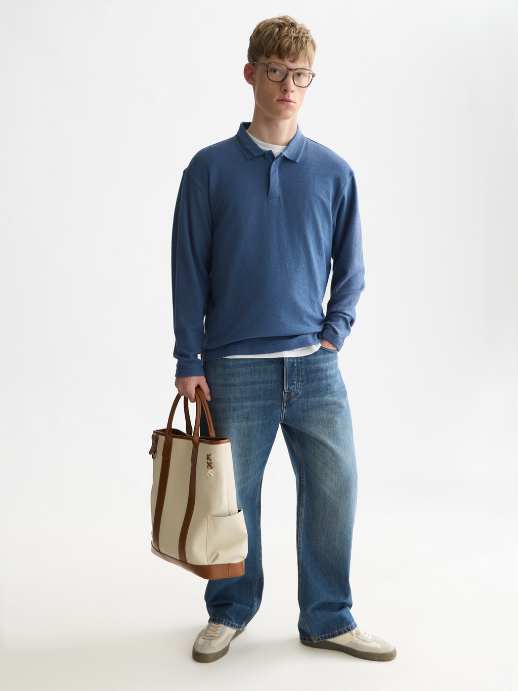 Textured Cotton Long-Sleeve Relaxed Polo