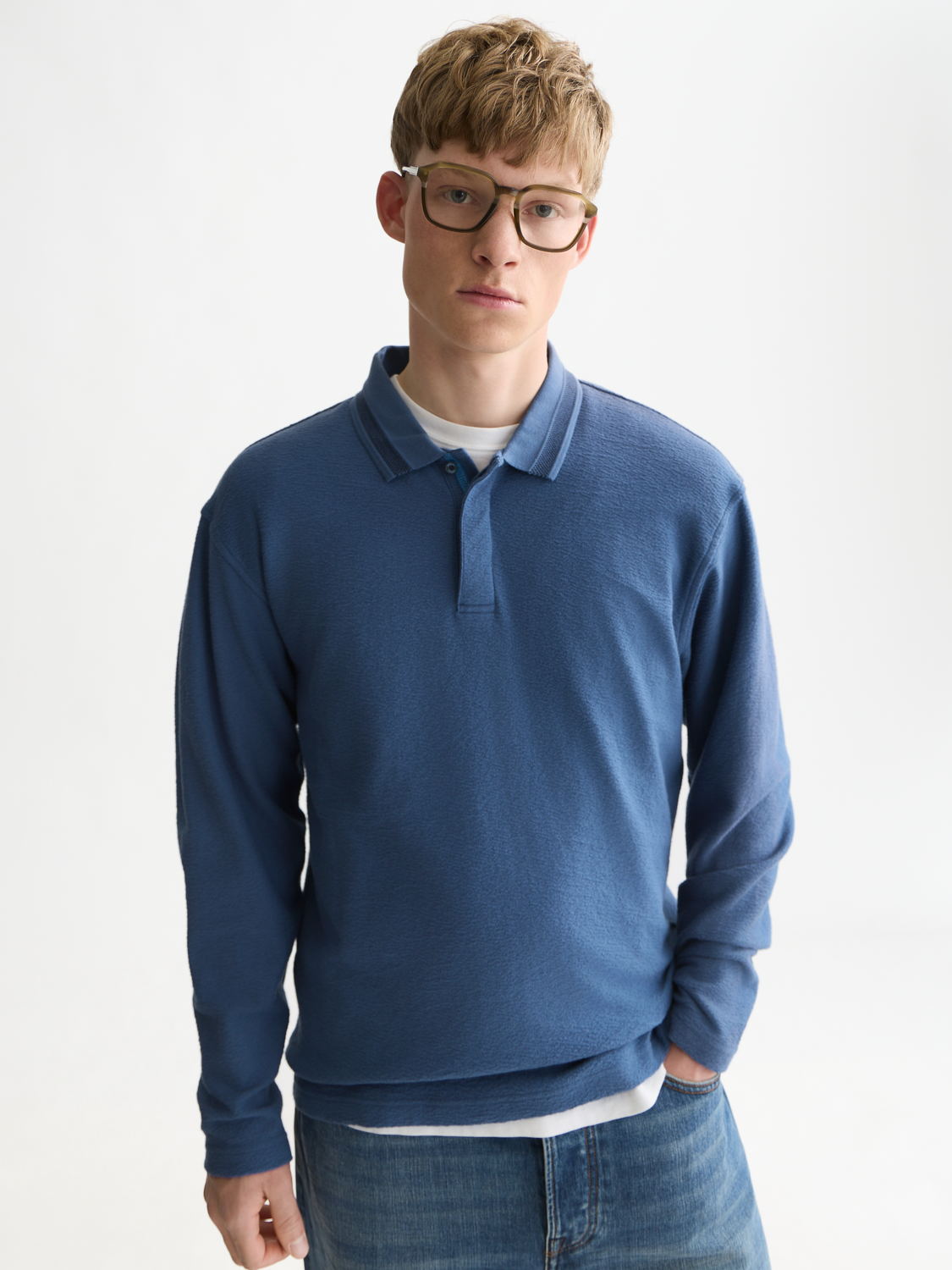 Textured Cotton Long-Sleeve Relaxed Polo
