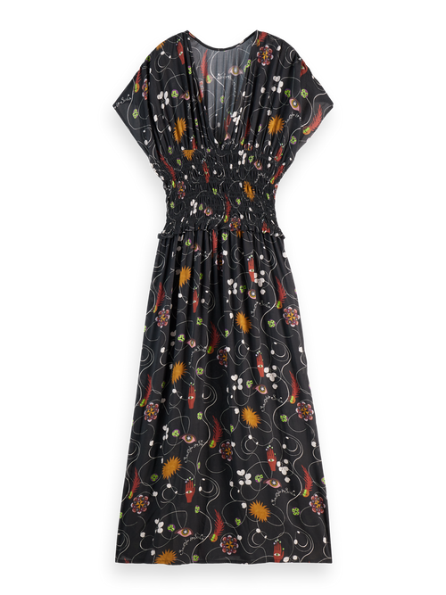 PRINTED MODAL SMOCK WAIST MAXI DRESS