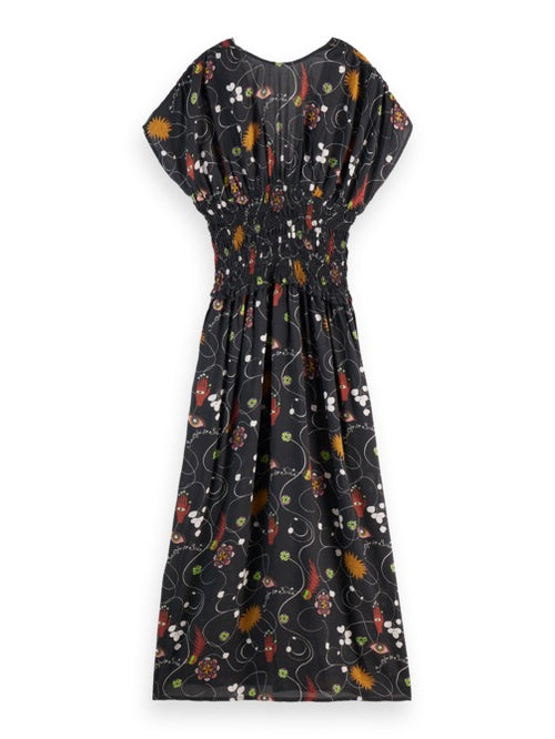 PRINTED MODAL SMOCK WAIST MAXI DRESS