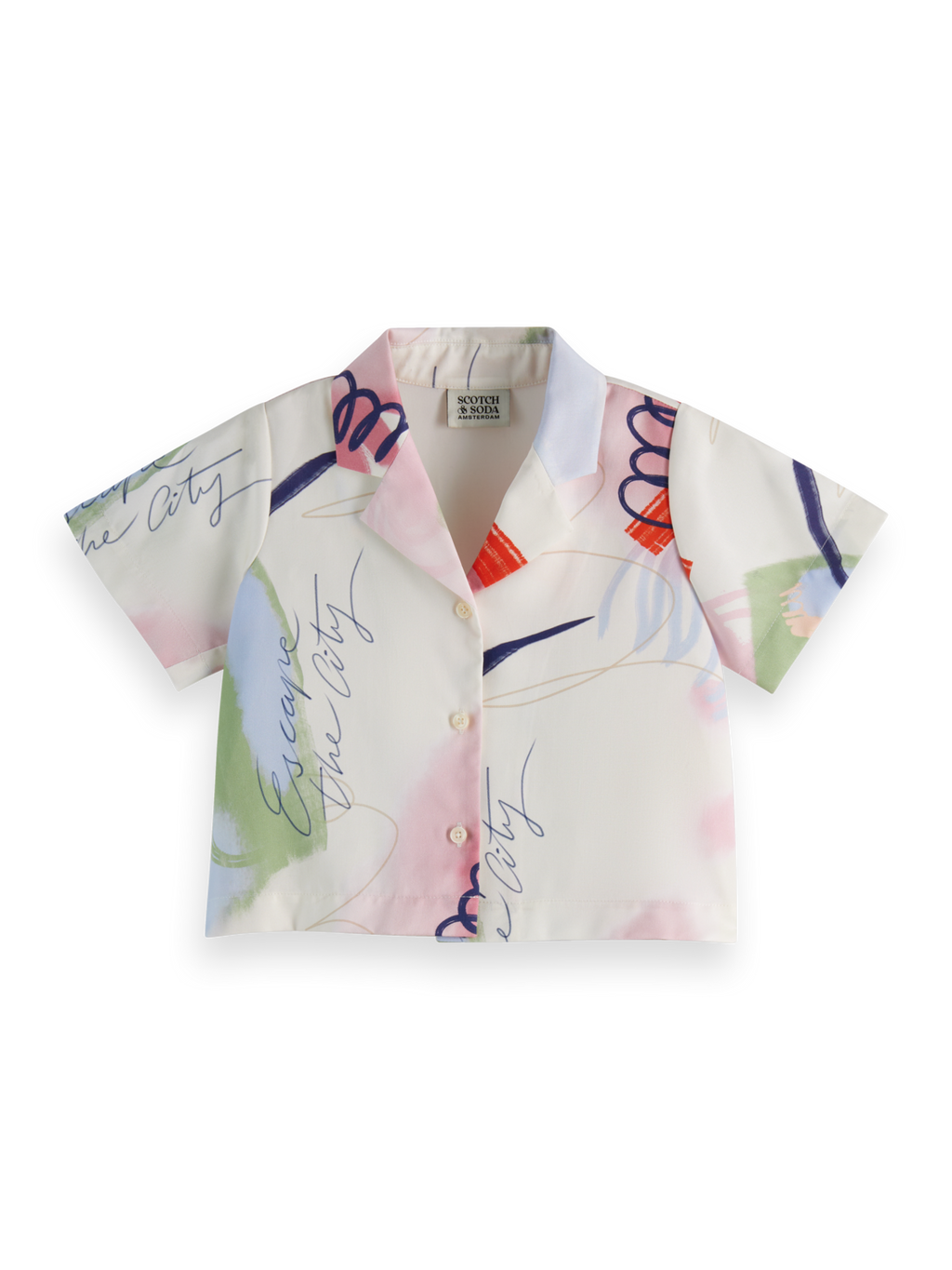 Placed print linen blend short-sleeved shirt