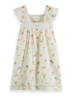 CAPPED SLEEVE ALL-OVER PRINTED CRINKLE COTTON DRESS
