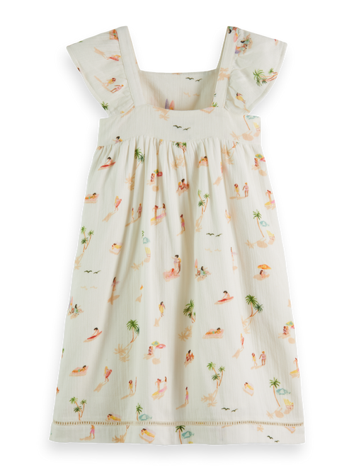 CAPPED SLEEVE ALL-OVER PRINTED CRINKLE COTTON DRESS