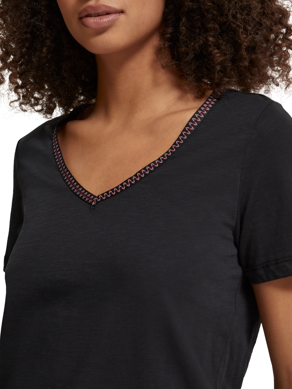 WOVEN TRIM V-NECK T-SHIRT