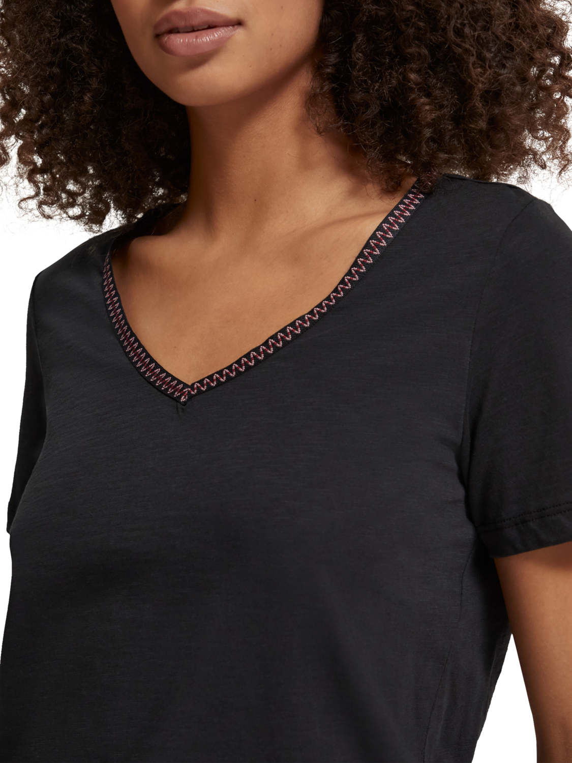 WOVEN TRIM V-NECK T-SHIRT