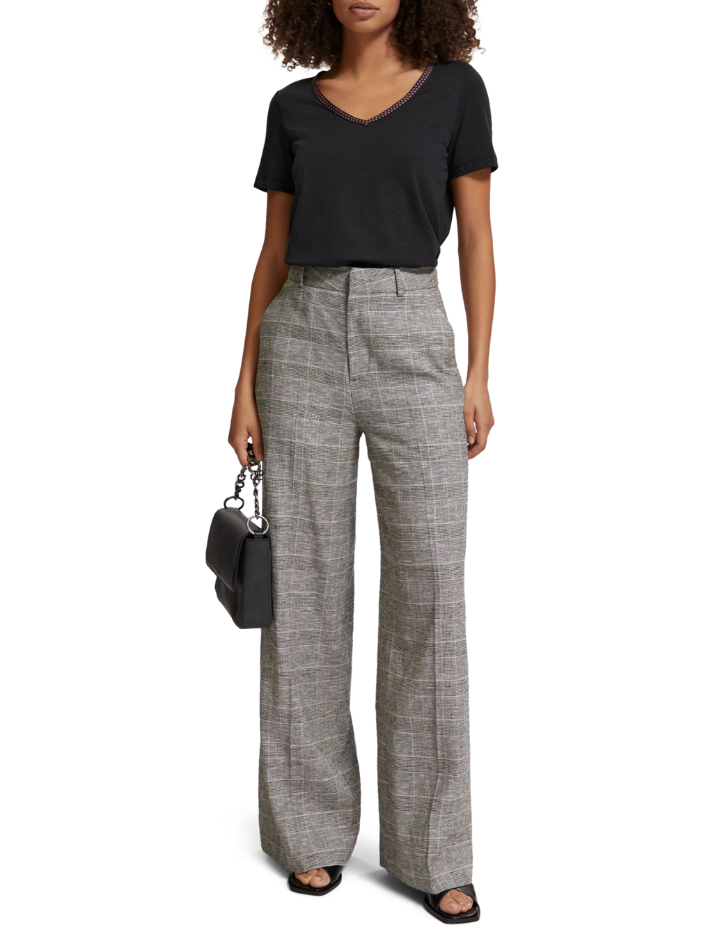 WOVEN TRIM V-NECK T-SHIRT